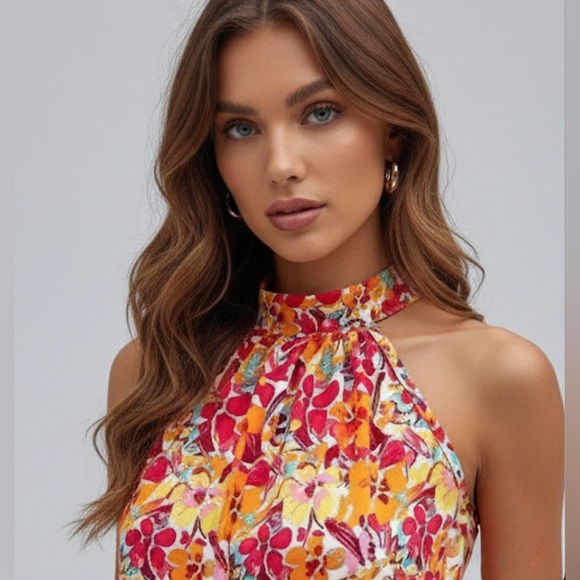 Floral Print Keyhole Back Halter  Blouse - Picture 5 of 6